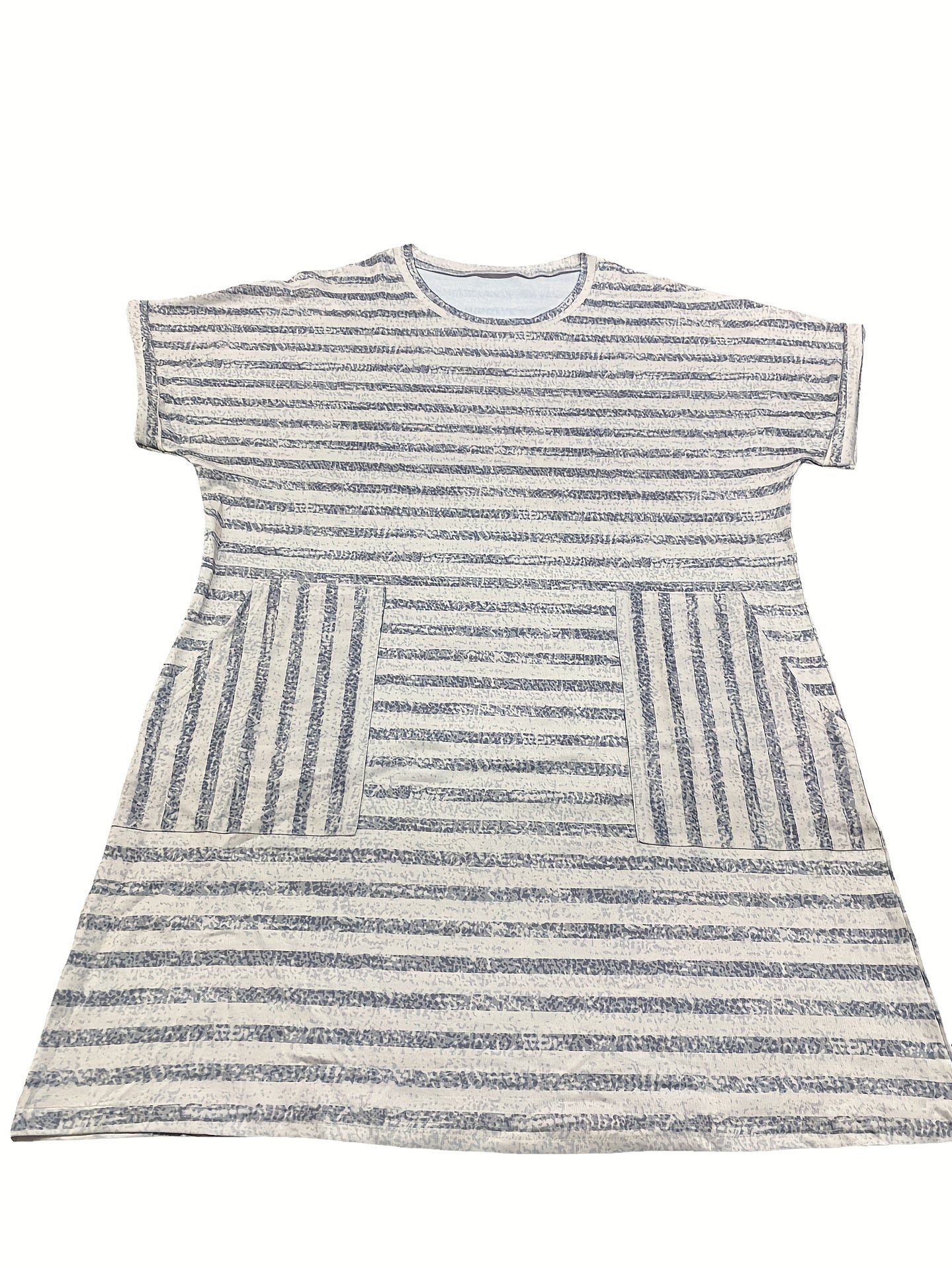 Stripe Print Roll Up Sleeve Round Neck Casual Dress