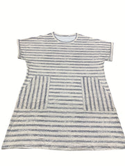 Stripe Print Roll Up Sleeve Round Neck Casual Dress