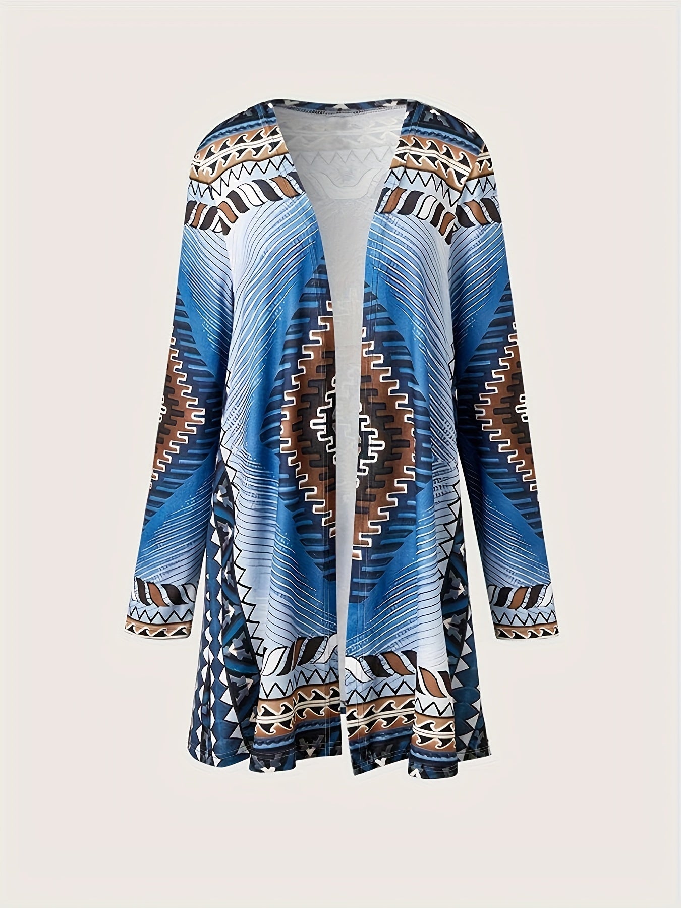 Ethnic Print Open Front Cardigan Vintage Long Sleeve Knit Outwear