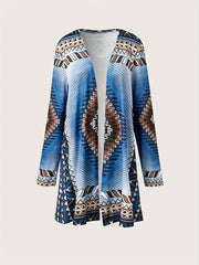 Ethnic Print Open Front Cardigan Vintage Long Sleeve Knit Outwear