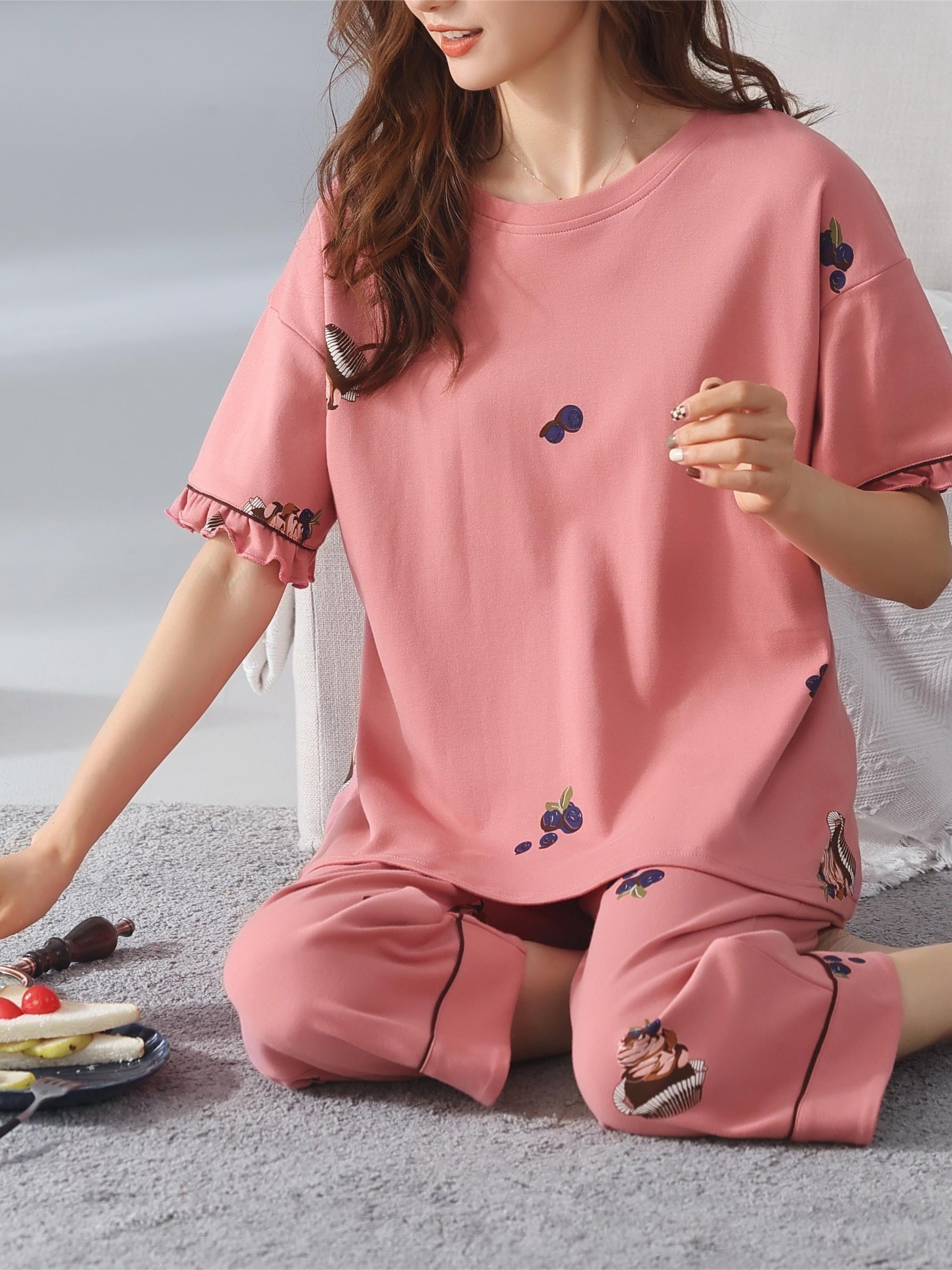 Fruitcake PJ Set Short Sleeve Crew Neck Top & Cropped Pants