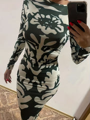 Retro Dress Round Neck Bodycon Midi Dress