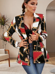 Graphic Print Single Breasted Blazer Lapel Long Sleeve Blazer