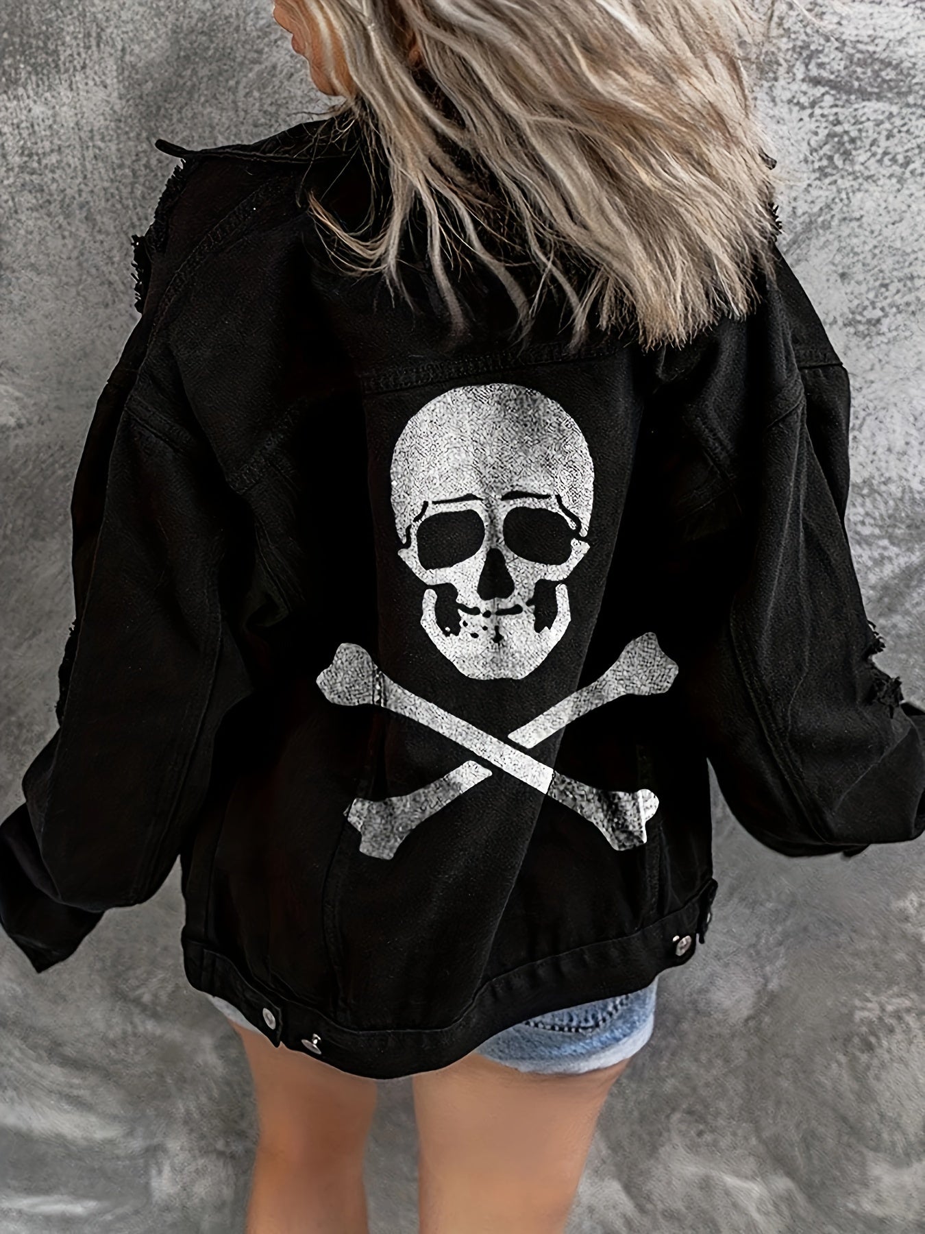 Plus Size Skull Print Ripped Denim Jacket