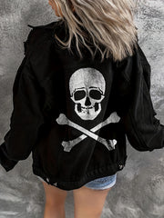 Plus Size Skull Print Ripped Denim Jacket