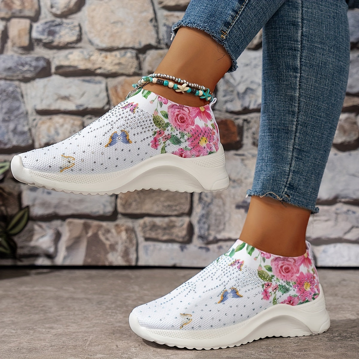 Rhinestone Platform Sneakers with Butterfly & Flower Pattern