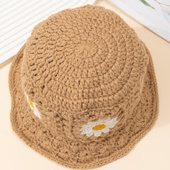 Casual Flower Knit Bucket Cap Khaki Hollow Crochet Fisherman Hat Sun Beach