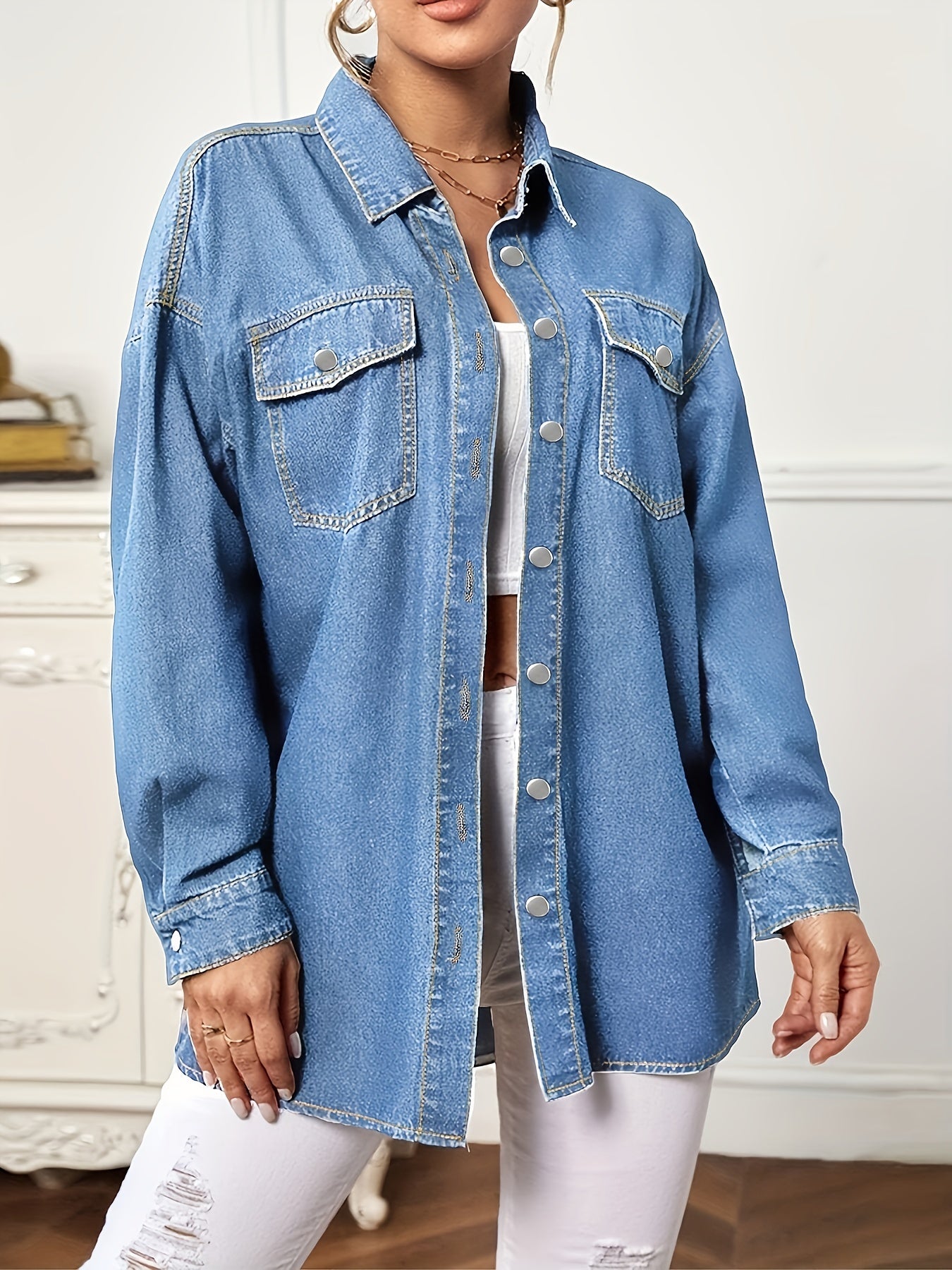 Denim Coats Button Flap Pockets Loose Fit Denim Jackets
