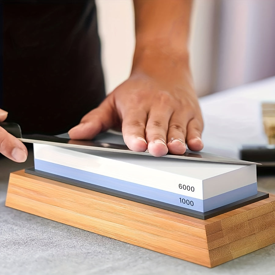 Double Sided Sharpening Stone with Bamboo Base Scissor Sharpener