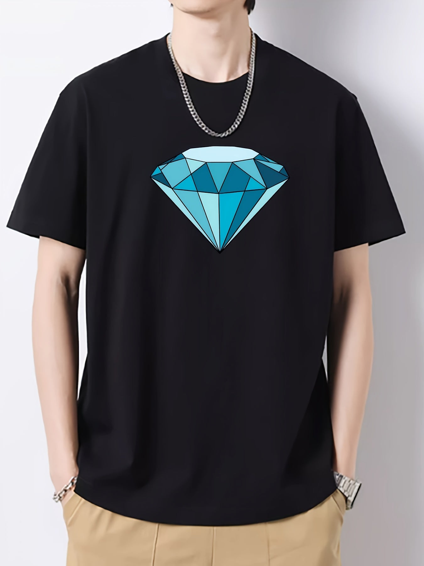 Diamond Pattern Men's Graphic Cotton Crew Neck Active T Shirt