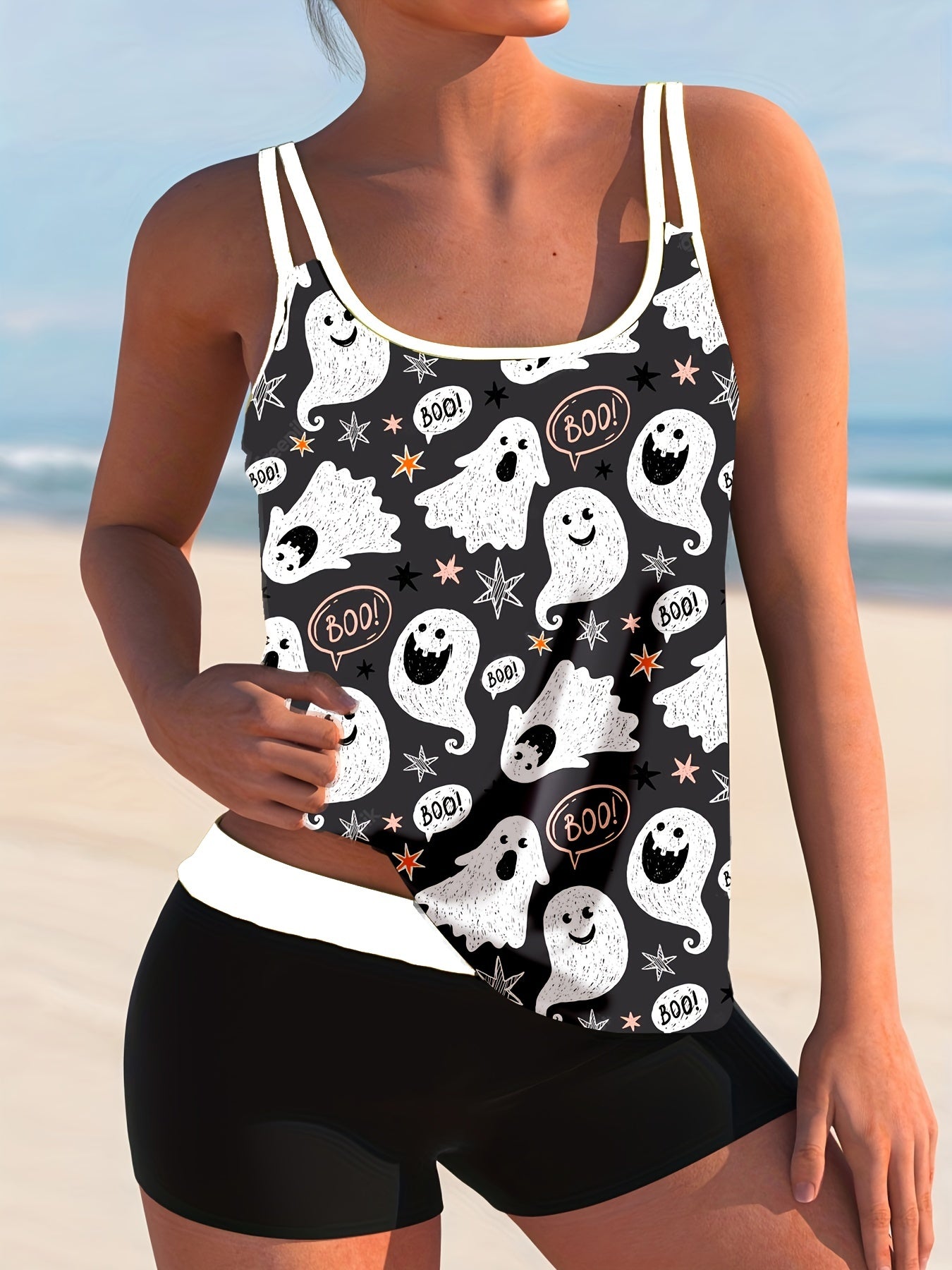 Ghost Print Tankini Set - Women's Plus Halloween Tank Top & Shorts