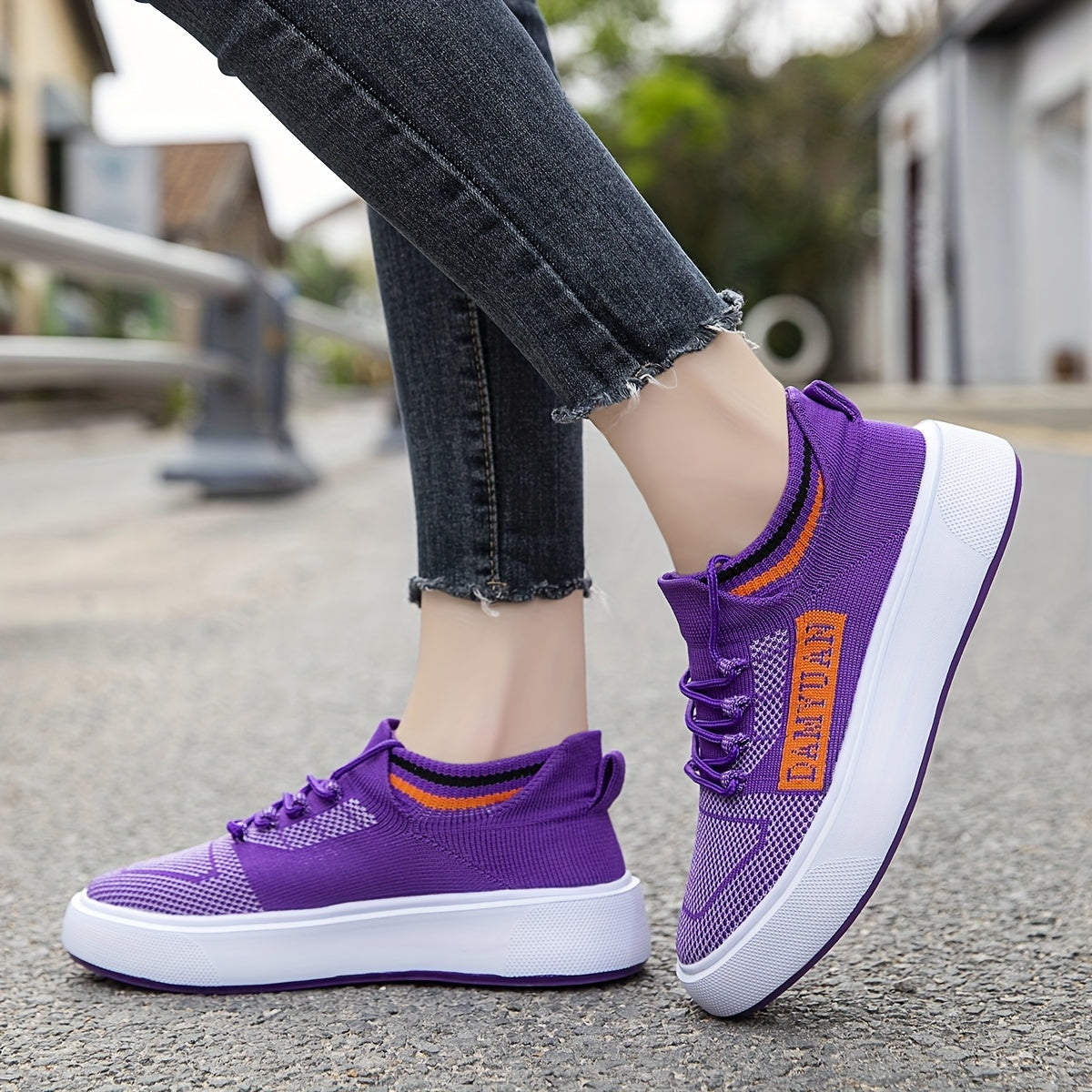 Women's Letter Print Sneakers Breathable Knit Lace Up Outdoor Shoes Lightweight