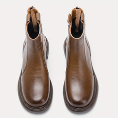 Women's Brown Chunky Heel Boots Warm Plush Lined Leather Boots