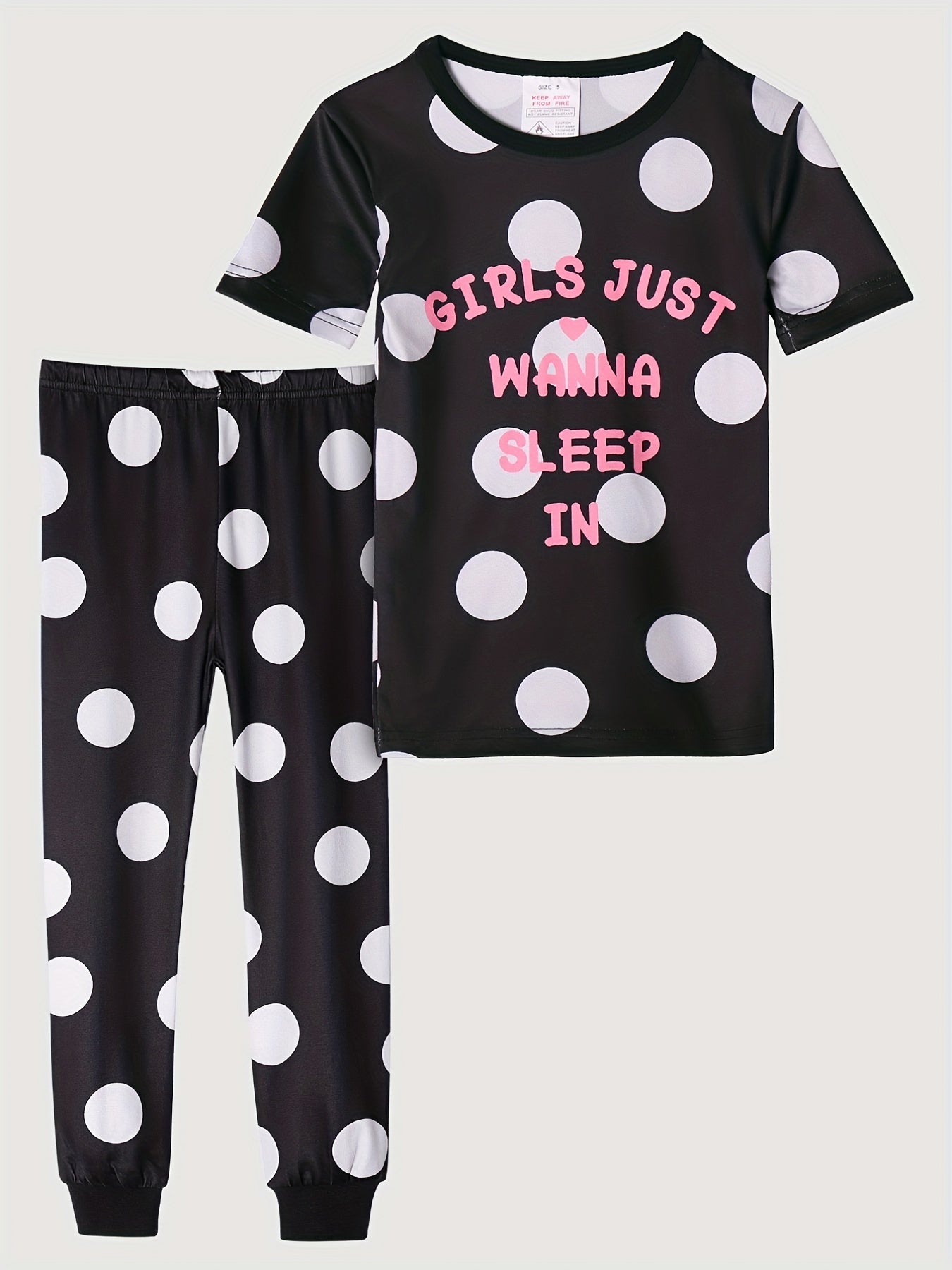 Girl's Polka Dot Pajama Set, Short Sleeve Top & Long Pants