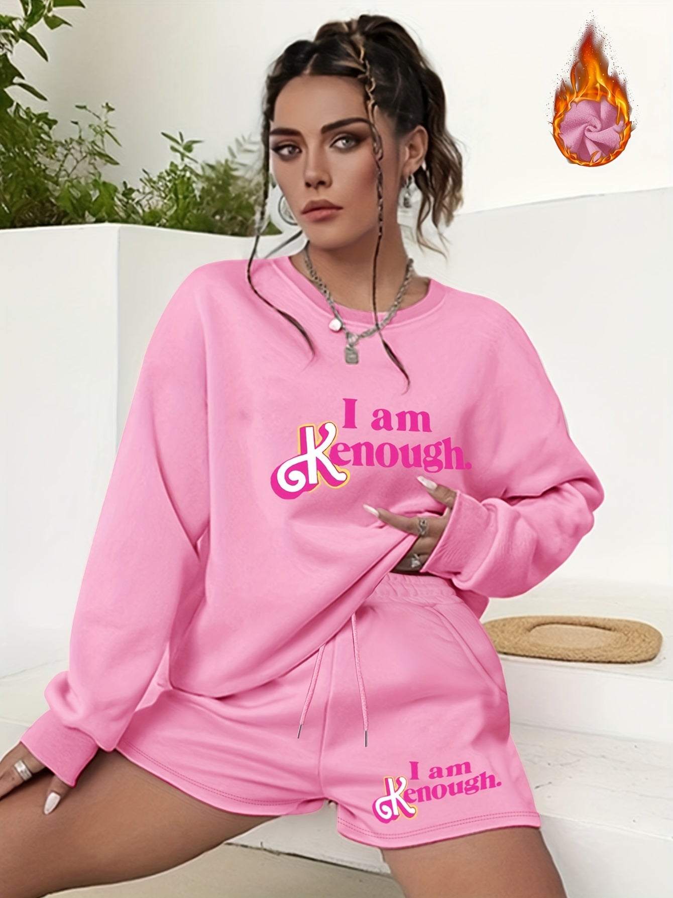 2 Piece Set Women's Slogan Print Sweatshirt & Shorts