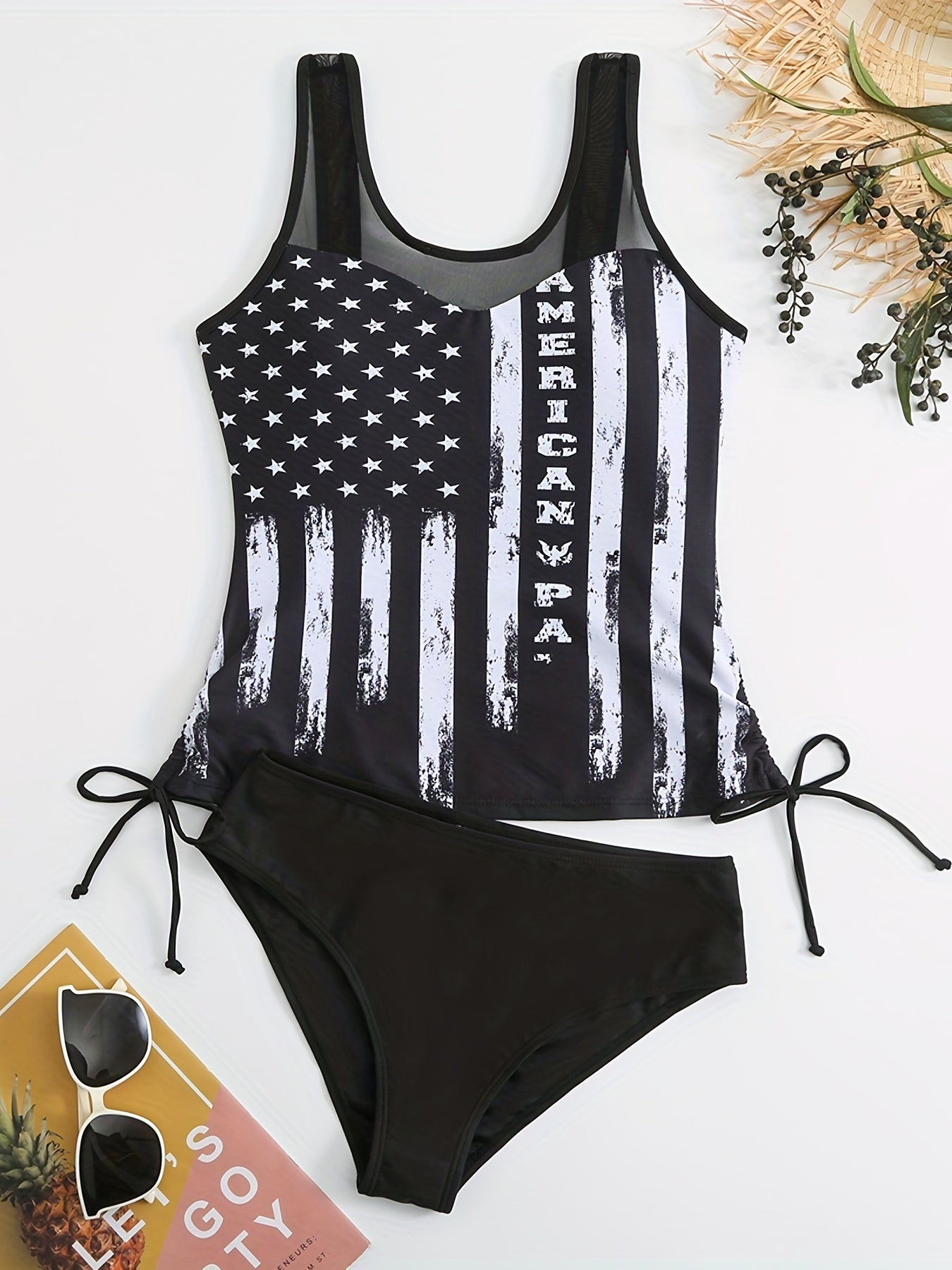 American Flag Mesh Drawstring 2 Pc Tankini Set Round Neck Stretchy Top & Bottoms
