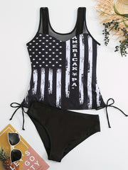 American Flag Mesh Drawstring 2 Pc Tankini Set Round Neck Stretchy Top & Bottoms