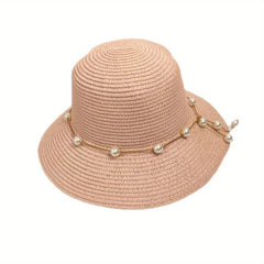 Faux Pearl Chain Bucket Hat Solid Summer Sun Hat Straw Beach Hats