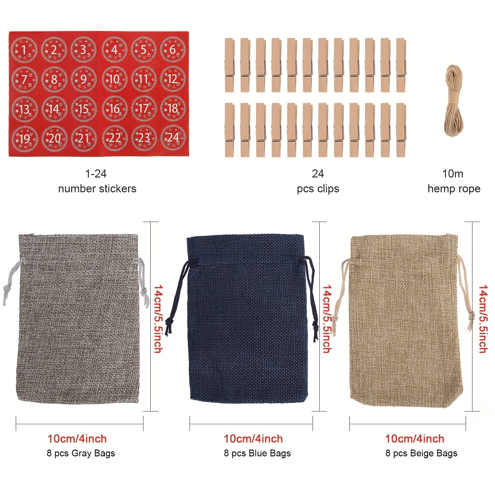 24 Burlap Advent Calendar Bags, 3 Colors, DIY Craft
