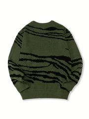 Knitted Lines Print Sweater Men's Crew Neck Pullover