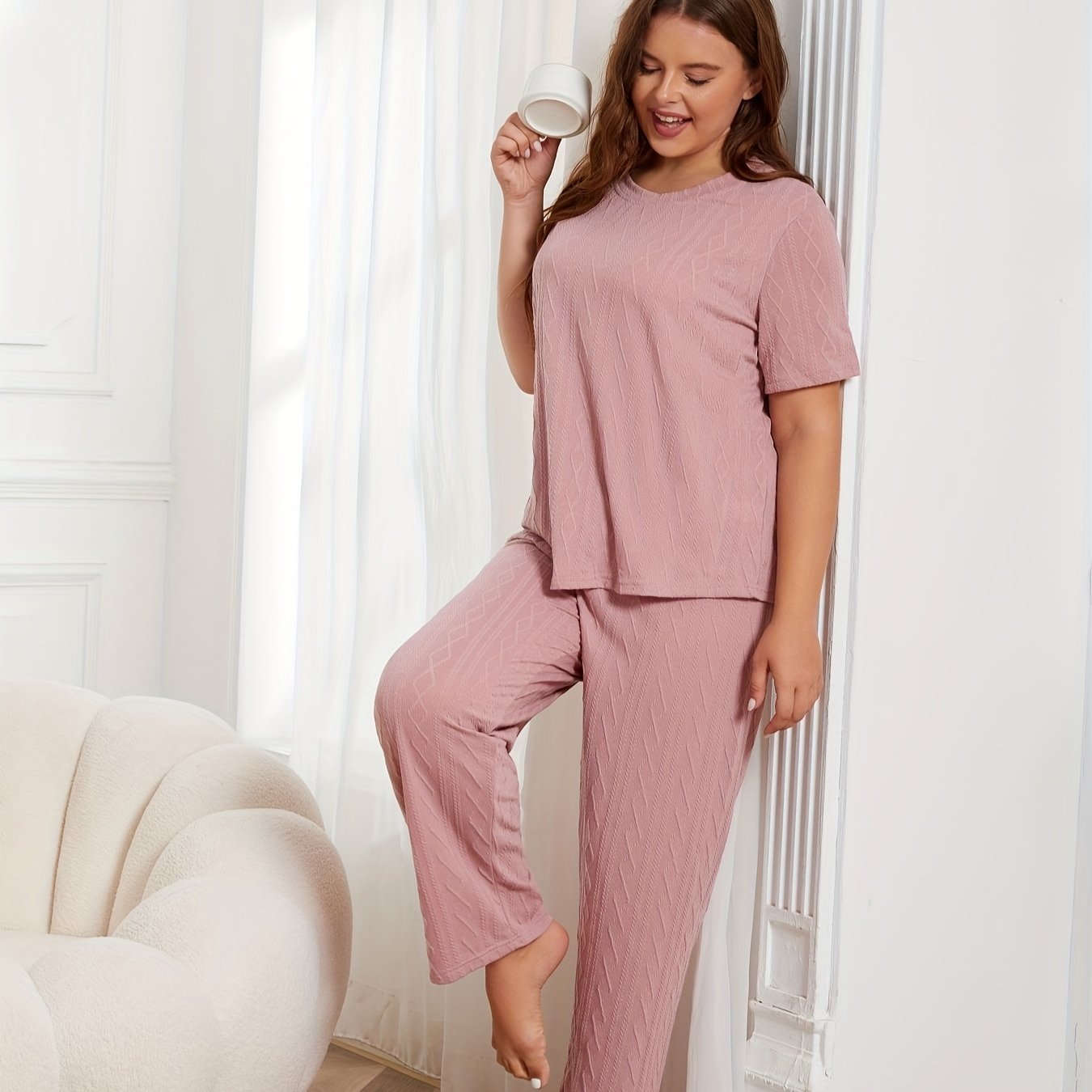 Casual Pajamas Set Solid Textured Short Sleeve Round Neck Top & Pants