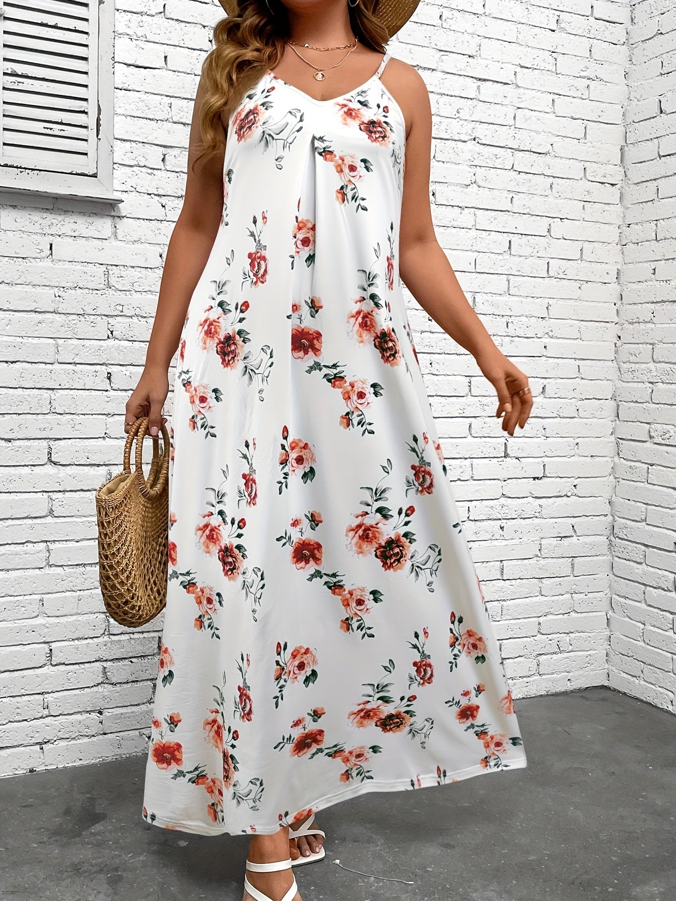Floral Print V Neck Maxi Cami Dress