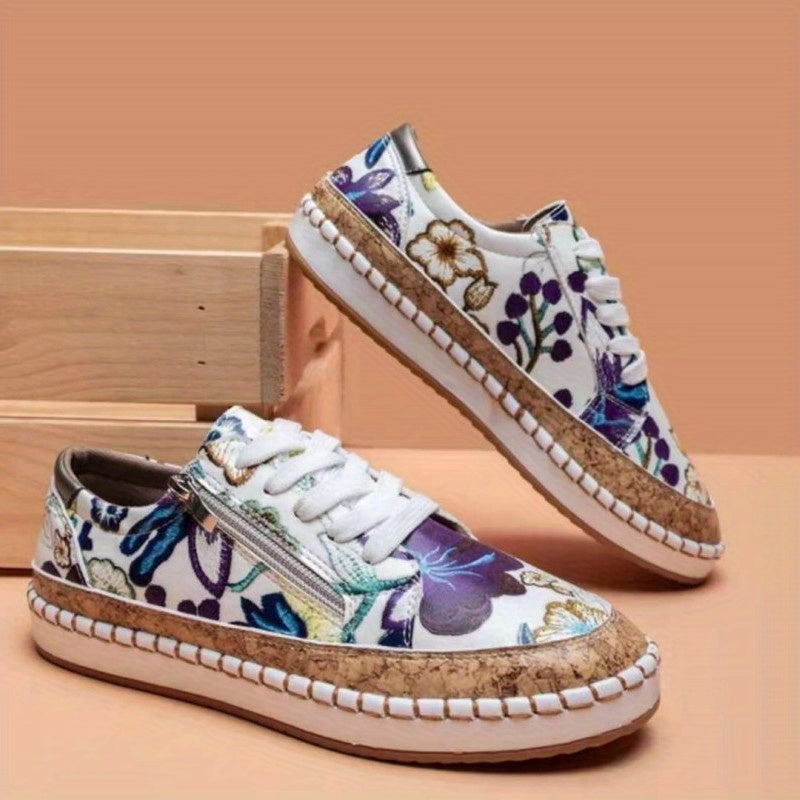 Floral Print Flat Sneakers Low Top Shoes Lace Zipper Casual Walking Shoes