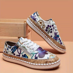 Floral Print Flat Sneakers Low Top Shoes Lace Zipper Casual Walking Shoes