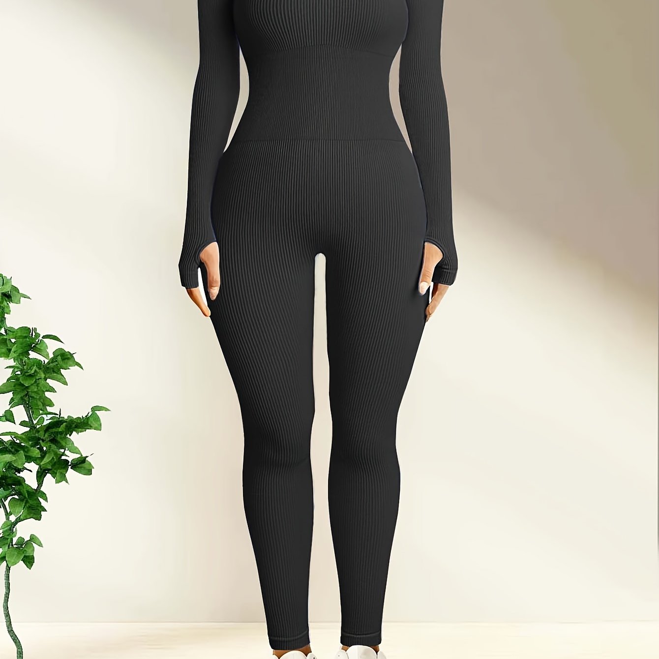 Solid Long Sleeve Sports Jumpsuit with Thumb Hole