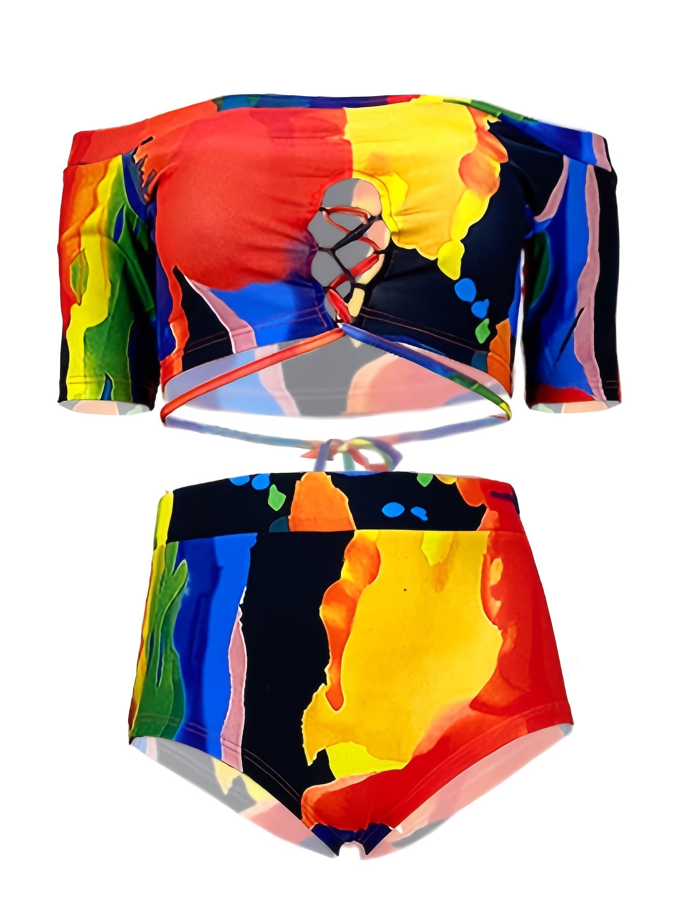 Colorful Painting Print Off Shoulder Swimsuit Set