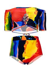 Colorful Painting Print Off Shoulder Swimsuit Set