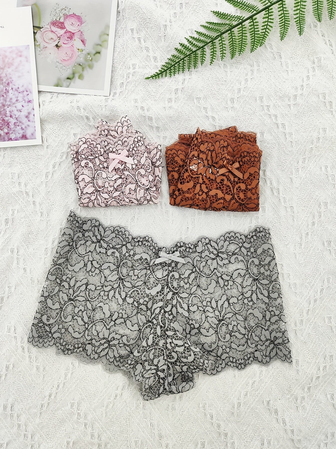 4 Pcs Lace Boyshort Panties Scalloped Trim Bow Tie Women's Lingerie
