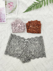 4 Pcs Lace Boyshort Panties Scalloped Trim Bow Tie Women's Lingerie