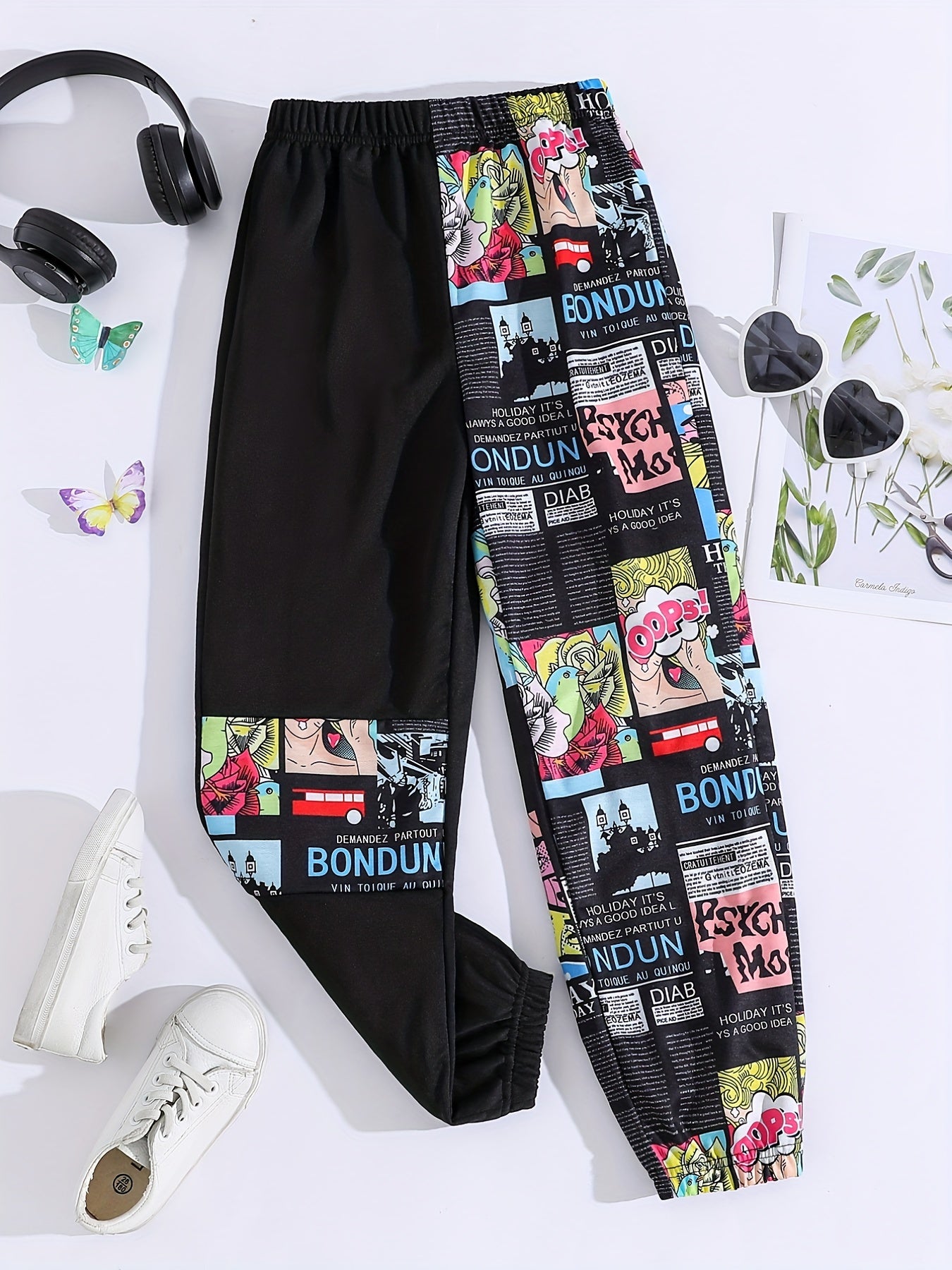 Girls Cartoon Anime Patchwork Sweatpants Elastic Waist Sport Jogger Pants