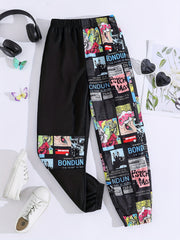 Girls Cartoon Anime Patchwork Sweatpants Elastic Waist Sport Jogger Pants