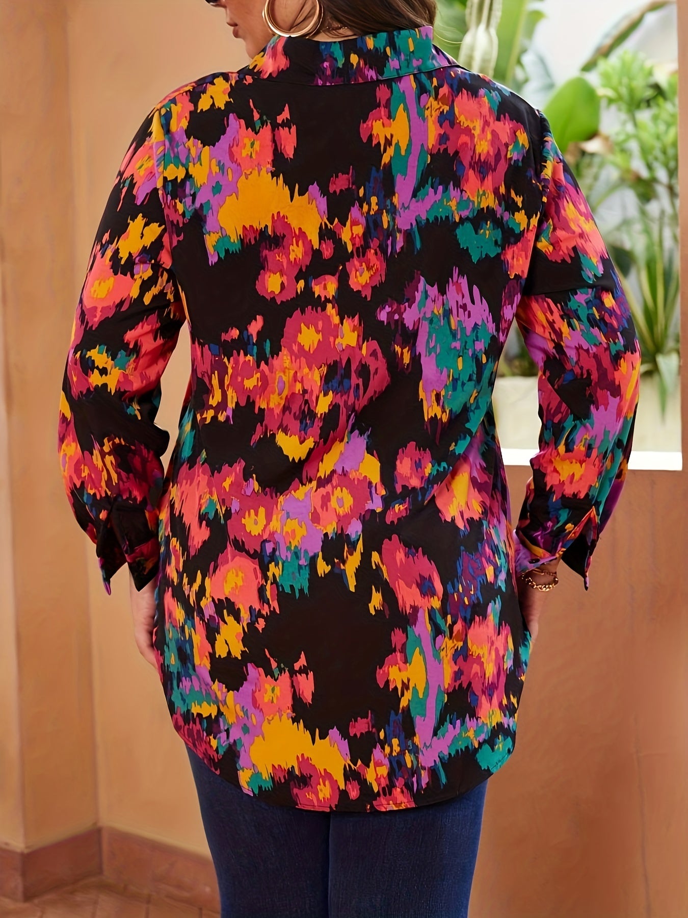 Random Print Long Sleeve Button Up Blouse