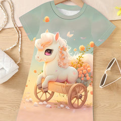 Girls 3D Pony Graphic Crew Neck Dress for Spring Fall