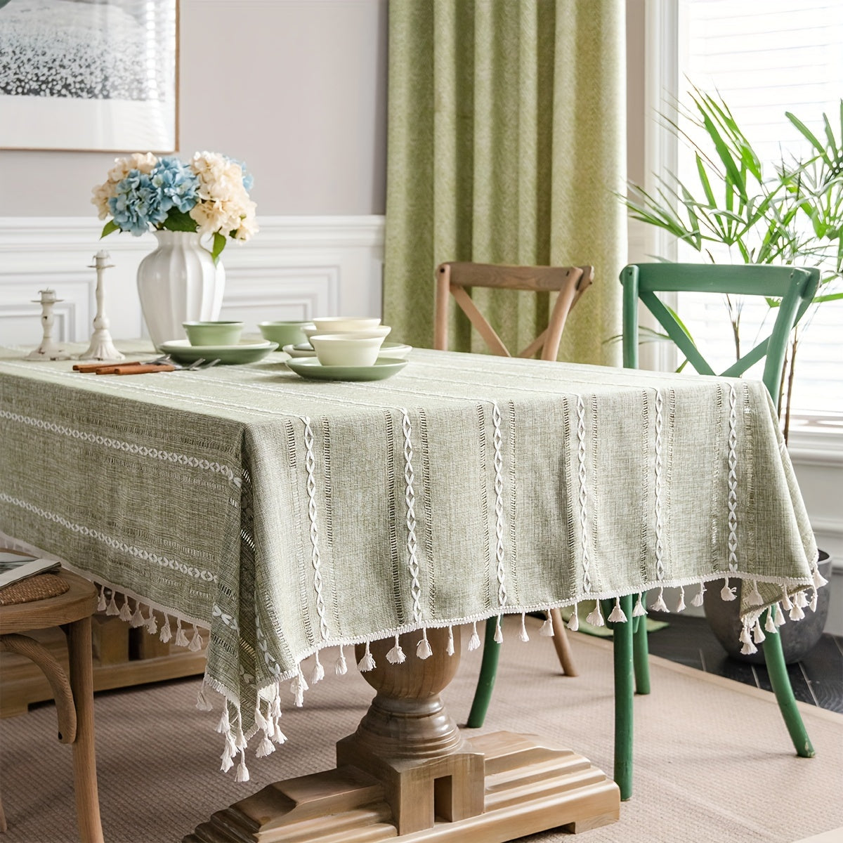 Green Striped American Tablecloth Rustic Style Table Cover