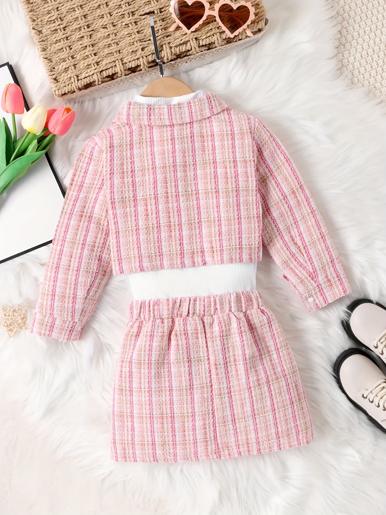 Girls 3pcs Turtleneck Top Coat Skirt Set Plaid Texture Casual Kids Clothes