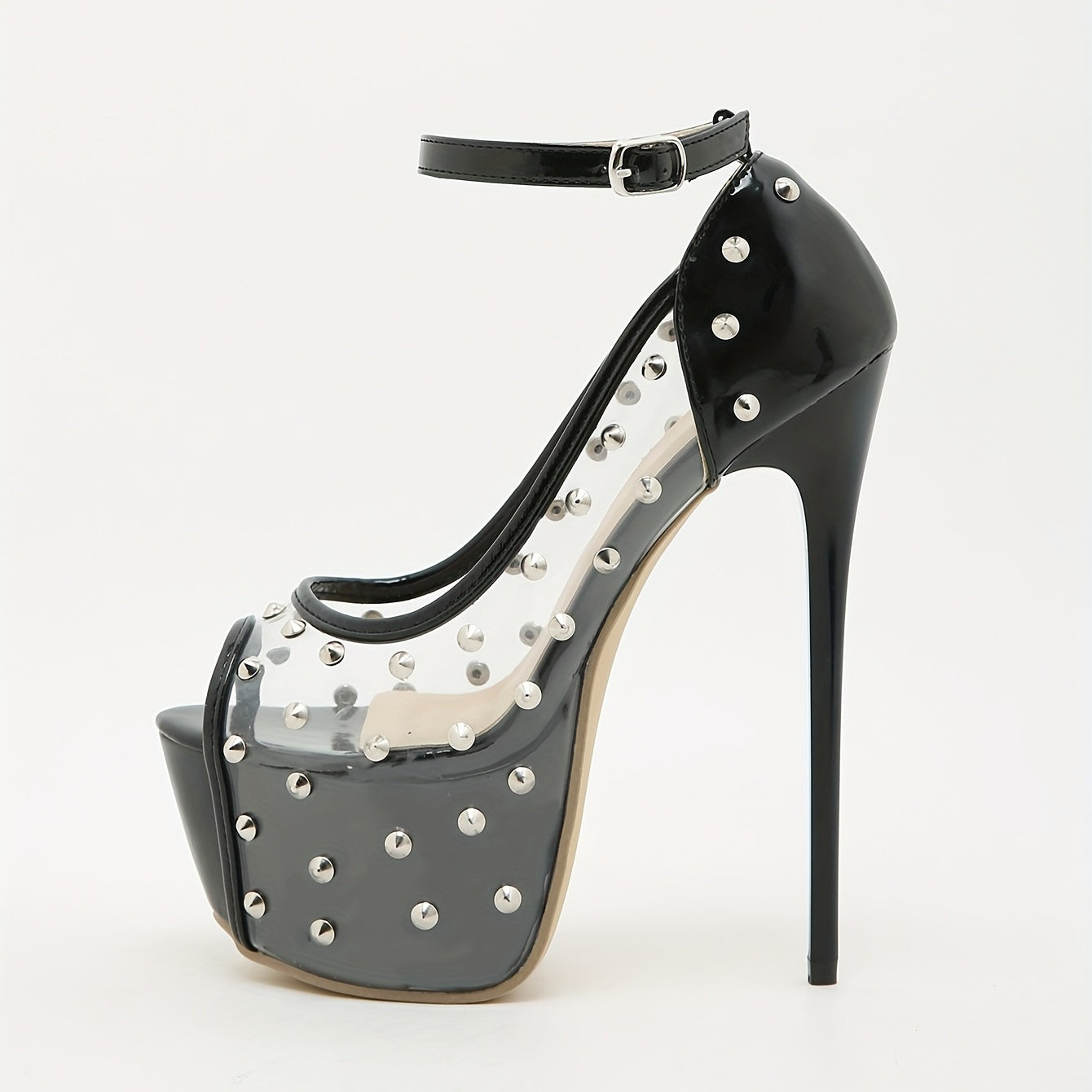 Rivet Decor Platform Sandals Peep Toe Ankle Buckle Stiletto High Heel Shoes