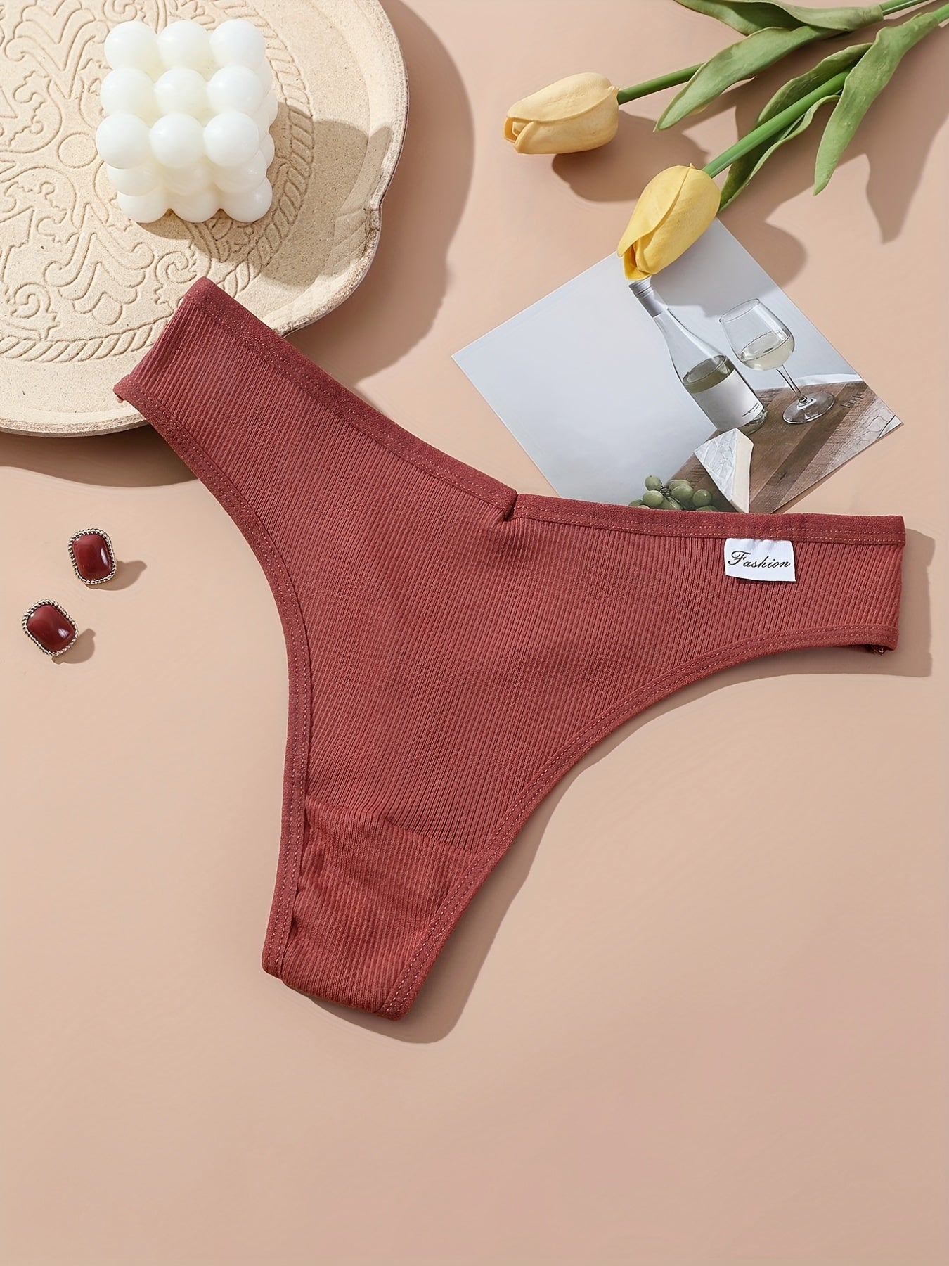 5pcs Ribbed Thongs Low Waist Intimates Panties Women's Lingerie