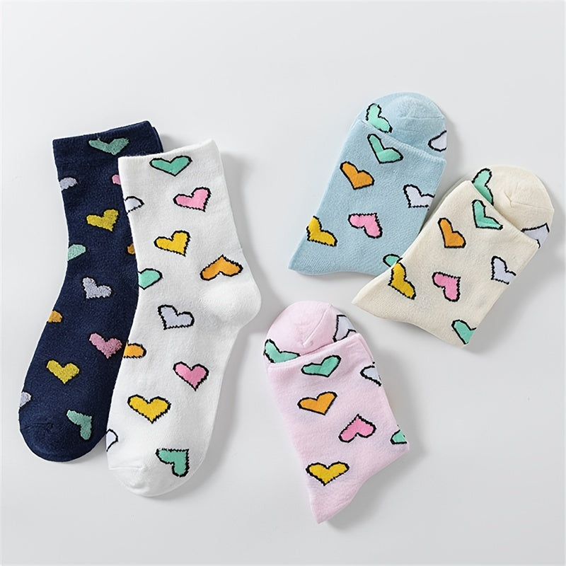5 Pairs Heart Print Socks Comfy Women's Stockings & Hosiery