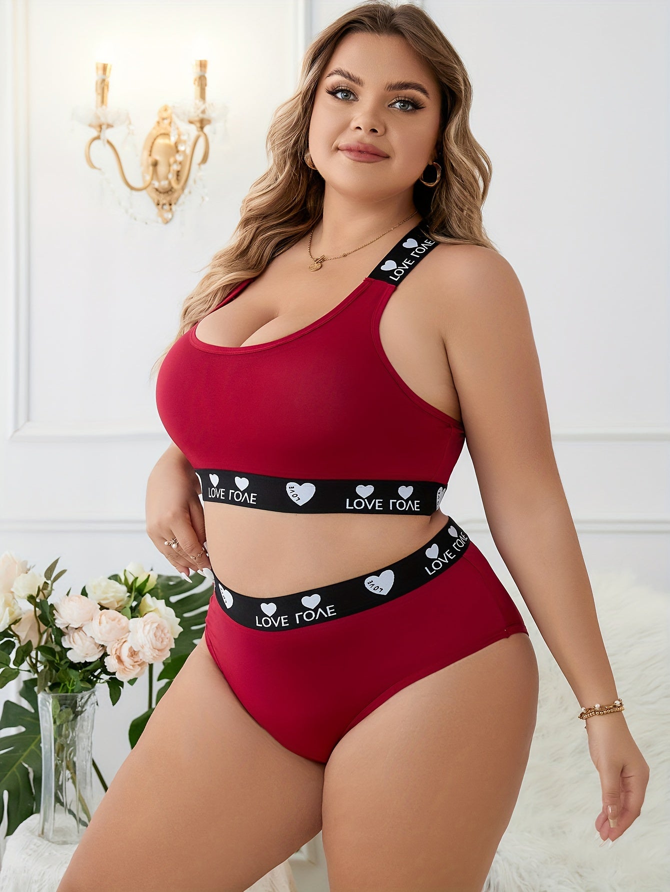 Plus Size Sexy Lingerie Set Letter Tape Crisscross Cut Out Bra & Panty