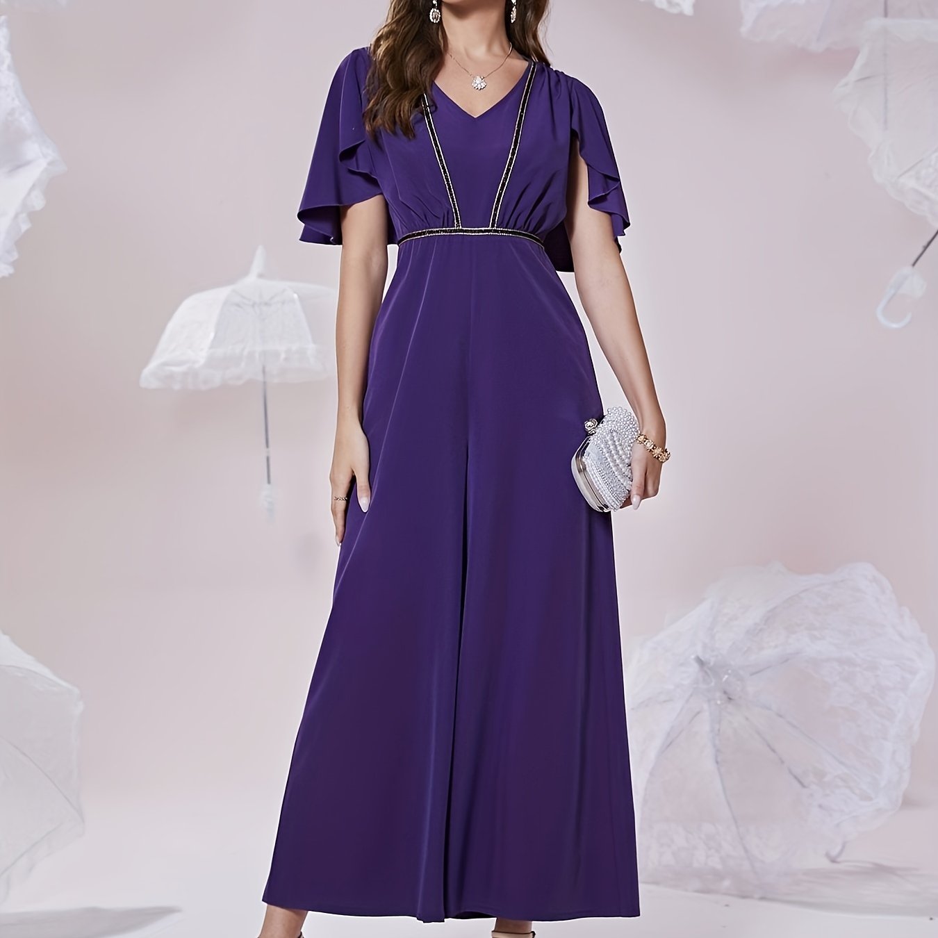 Pleated Cinched Waist V Neck Jumpsuit Casual Cape Sleeve Jumpsuit