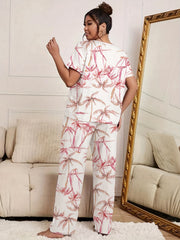Boho Pajama Set Women's Plus Tropical Print Tee & Pants Lounge Set