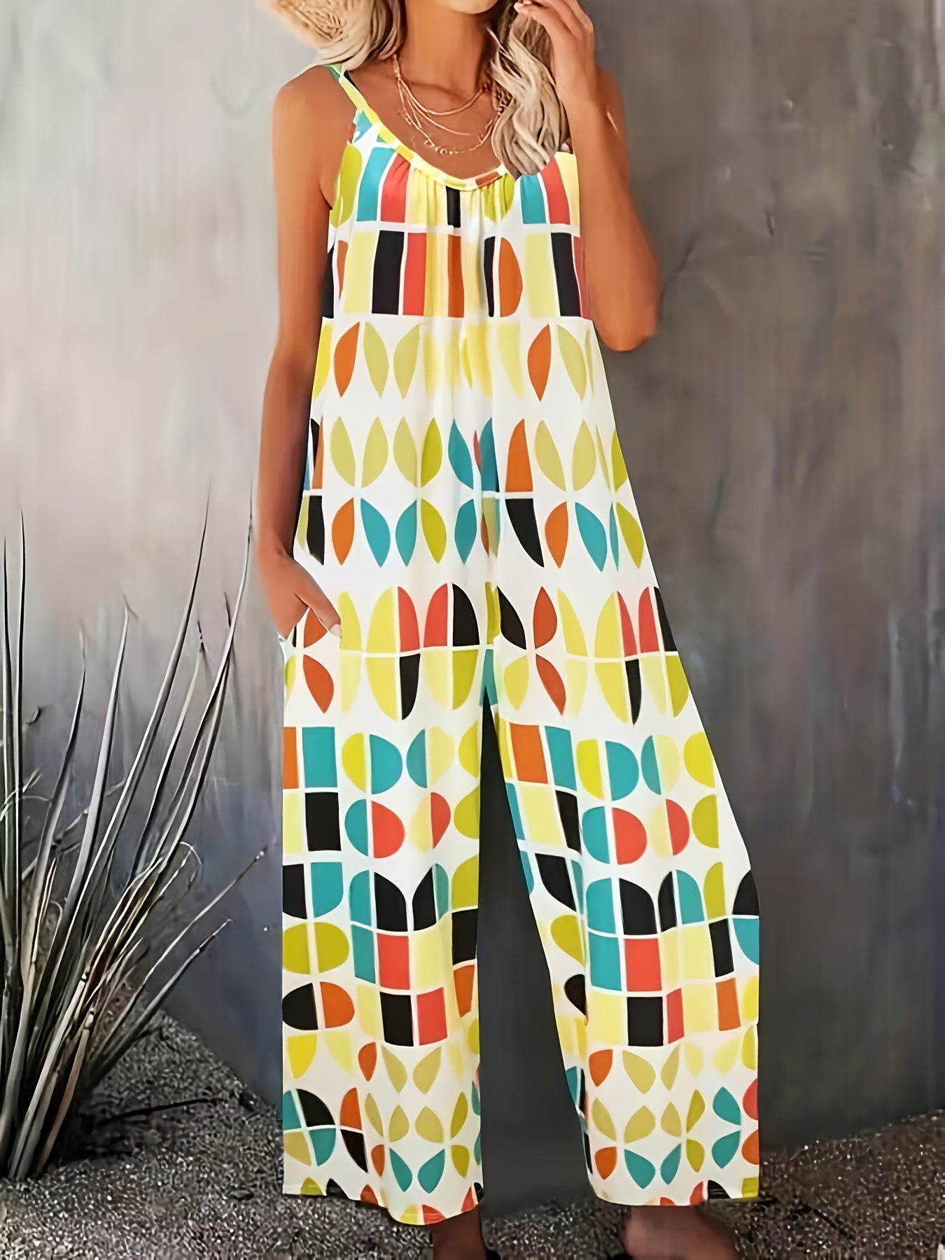 Women's Plus Geometric Print V Neck Wide Leg Jumpsuit with Pockets