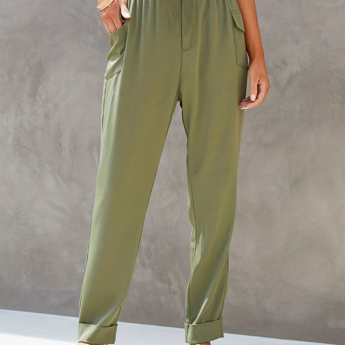 Elastic Waist Button Decor Pants Casual Solid Flap Pockets Pants