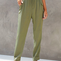 Elastic Waist Button Decor Pants Casual Solid Flap Pockets Pants