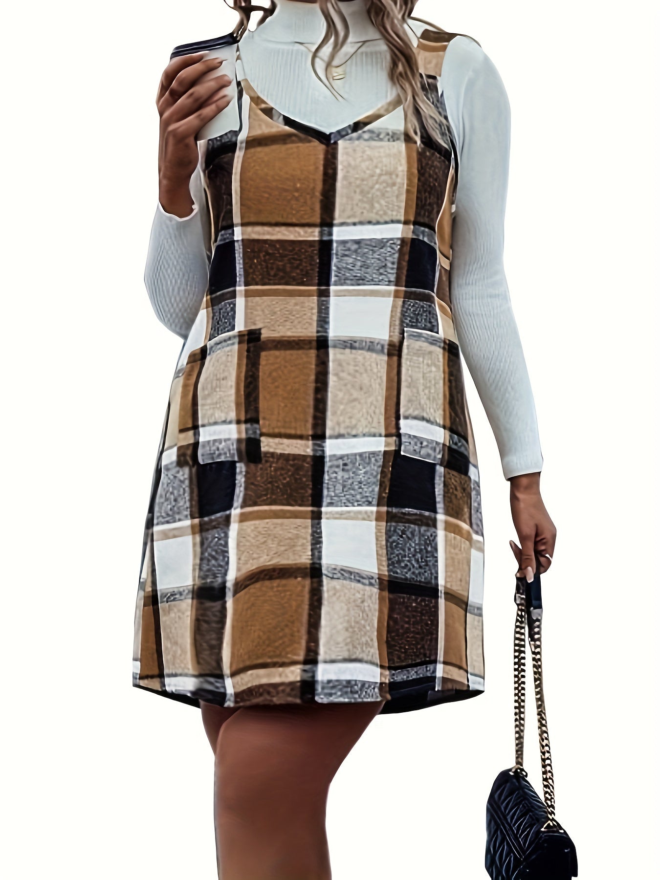 Plaid Print V Neck Cami Overall Dress With Pockets