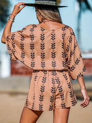 Geo Print Tie Waist Romper Short Sleeve Jumpsuit